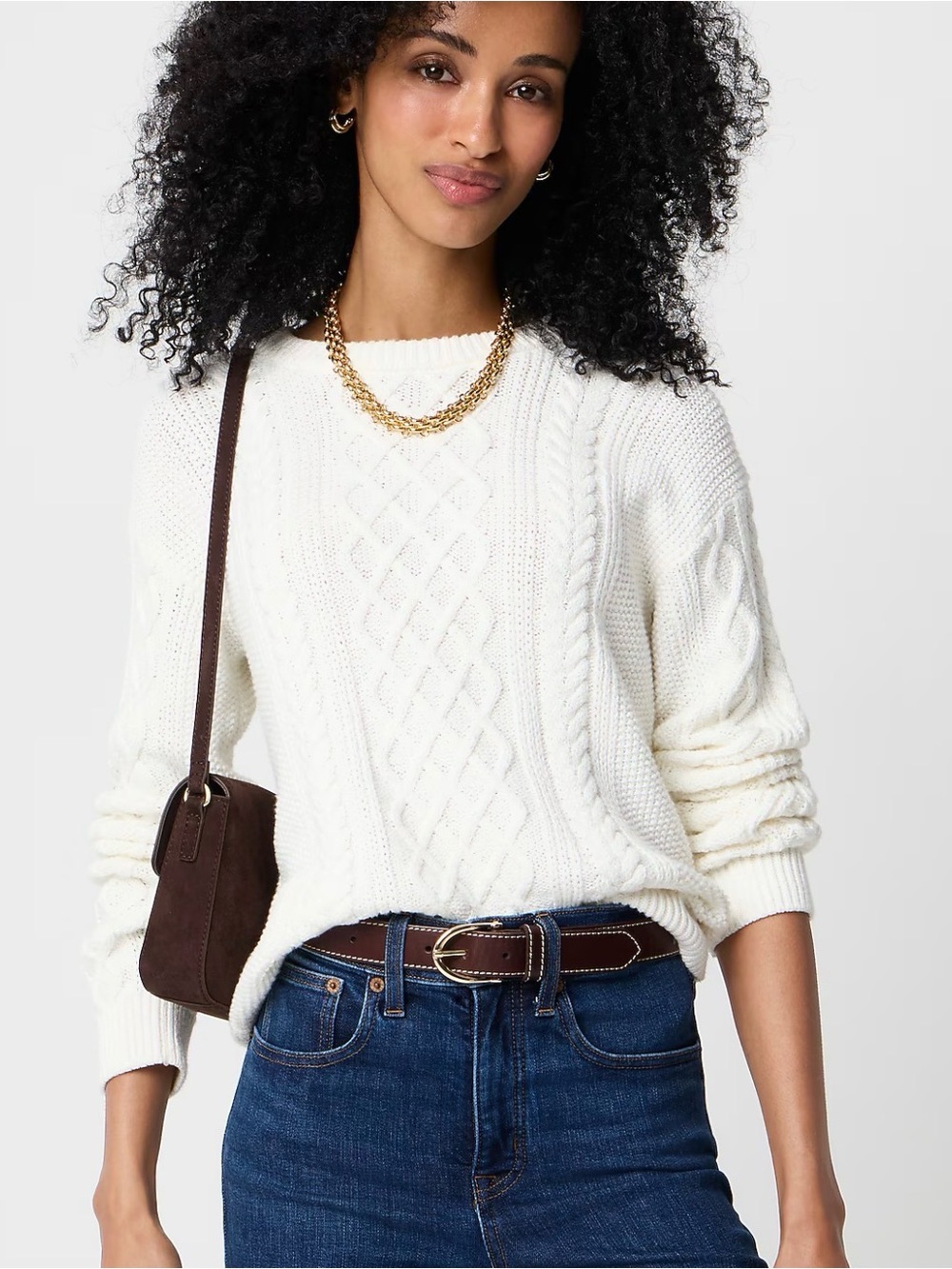 J.Crew Cable Knit Crewneck Sweater White 100% Cotton Size Small BY048